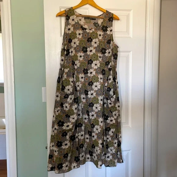 Gray/Cream/Green 100% Cotton Gudrun Sjoden Sleeveless Dress Sz L - Picture 1 of 8